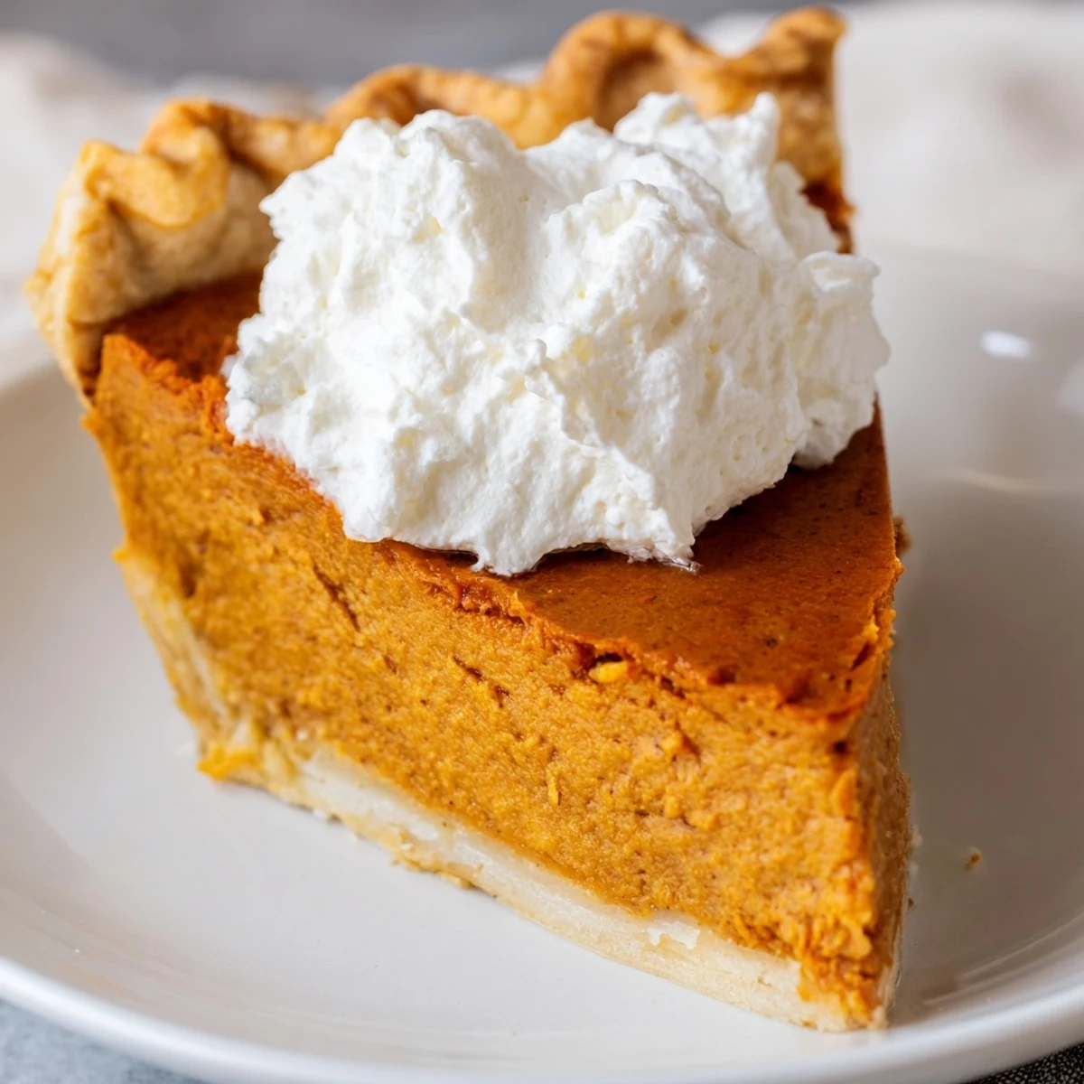 A slice of Spiced Pumpkin Pie with whipped cream, ready to enjoy after a holiday dinner.