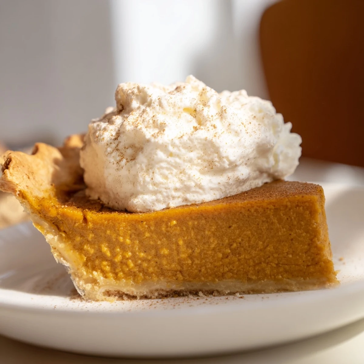 Golden, baked Spiced Pumpkin Pie with a creamy filling and whipped cream, ready for serving.