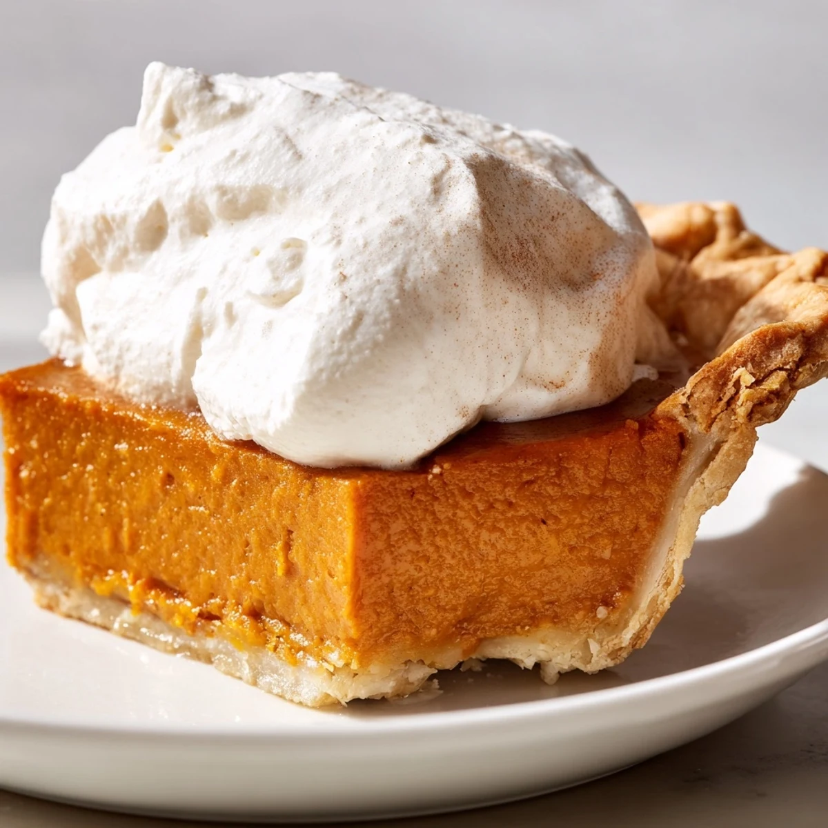 Freshly baked Spiced Pumpkin Pie: a delicious autumn dessert, topped with fluffy whipped cream.