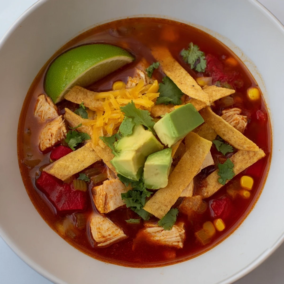 A steaming bowl of Spicy Chicken Tortilla Soup topped with fresh cilantro and avocado.