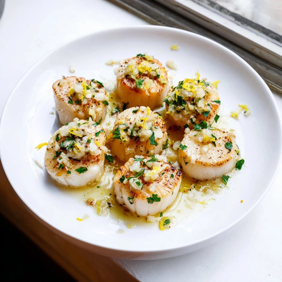 Seared lemon garlic scallops glistening with a rich, buttery sauce, ready to serve and enjoy.