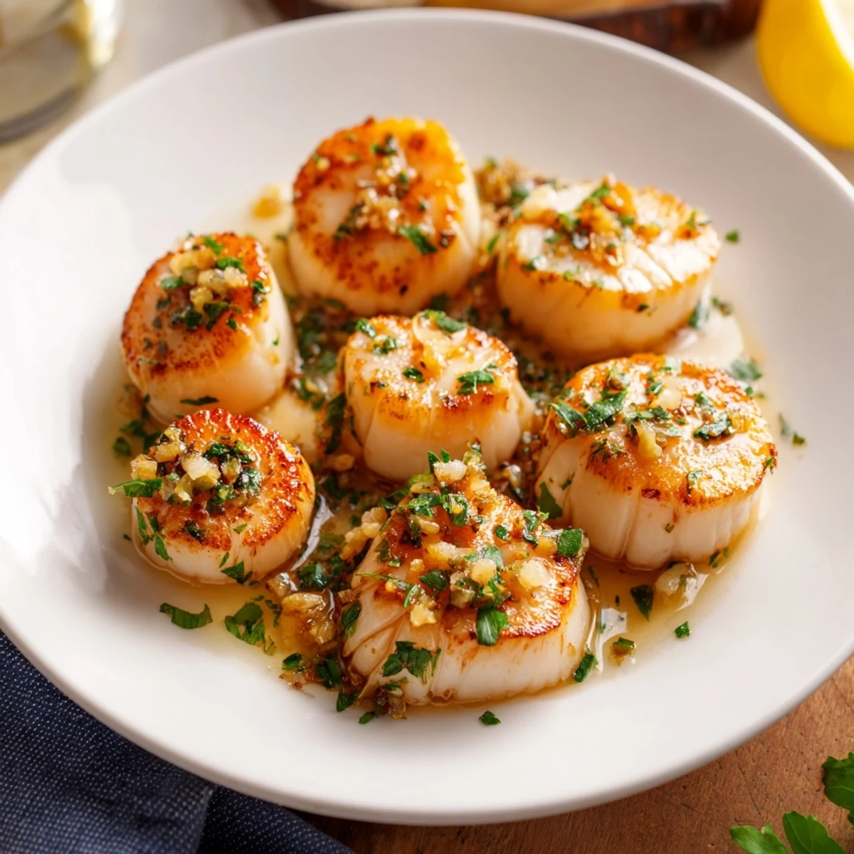 A close-up of perfectly cooked lemon garlic scallops, showcasing their golden-brown crust in the skillet.