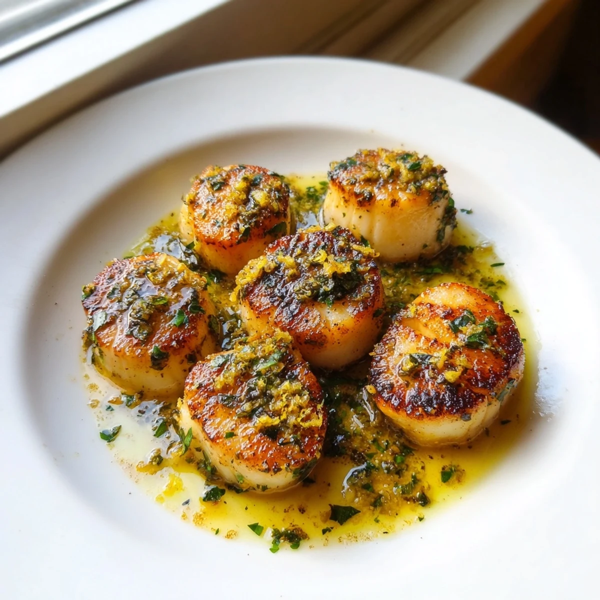 Plate of elegant lemon garlic scallops, garnished with fresh parsley and lemon wedges, ready to eat now.