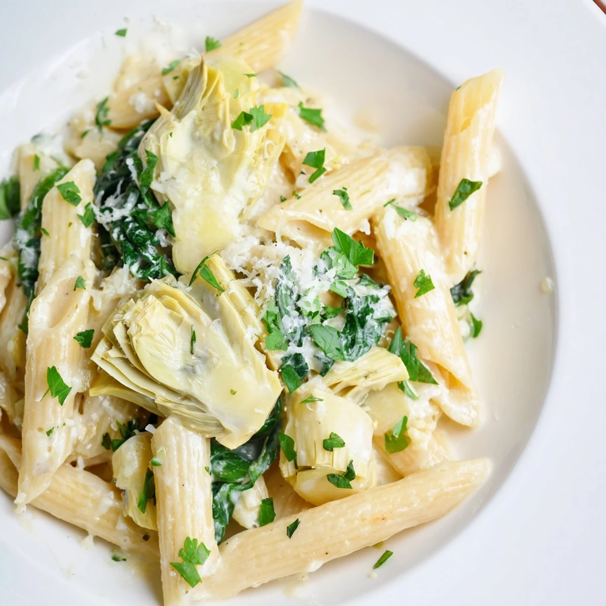 A close-up of creamy Spinach and Artichoke Pasta, ready to serve with fresh parsley sprinkled on top.