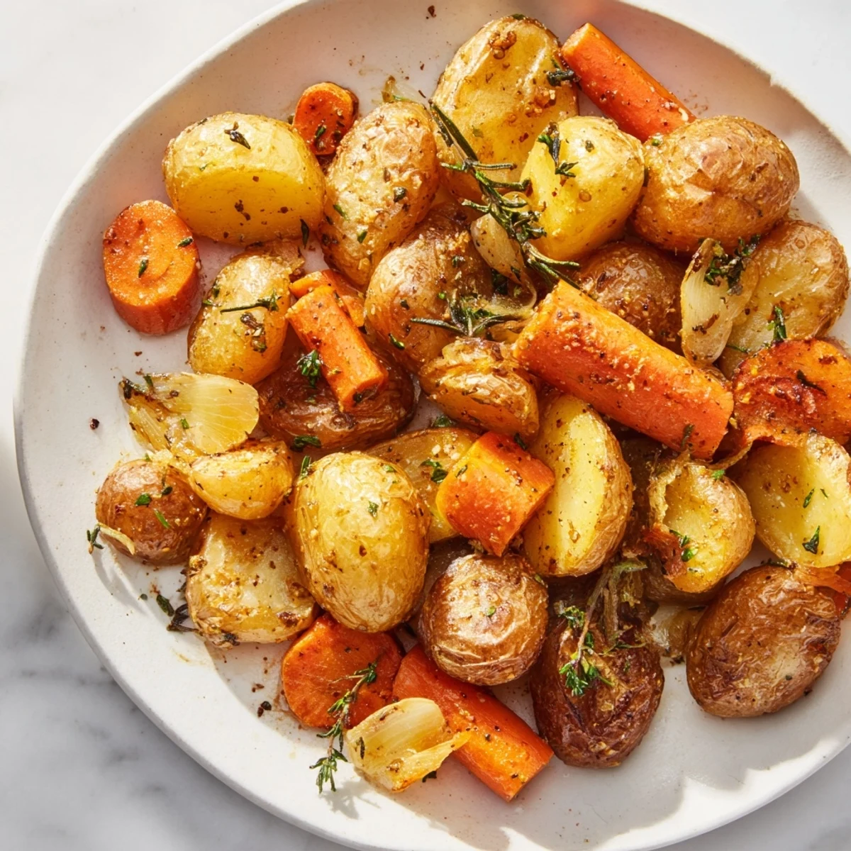 Golden Herb Roasted Potatoes and Carrots on a baking sheet, ready for serving with fresh parsley.