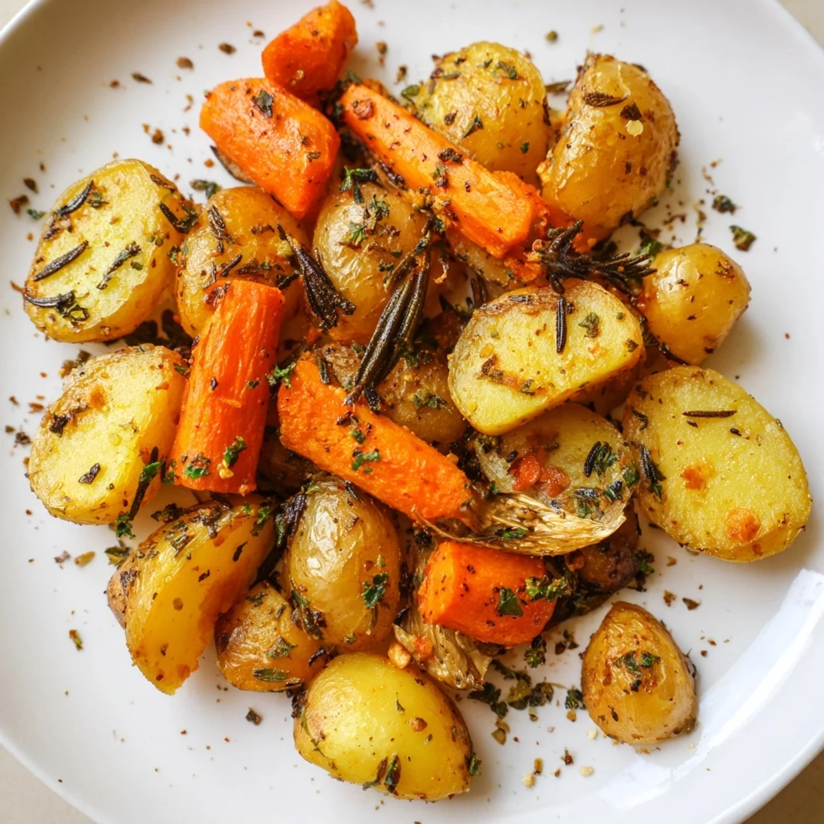 Close-up of Herb Roasted Potatoes and Carrots, showing crispy edges and flavorful herbs.
