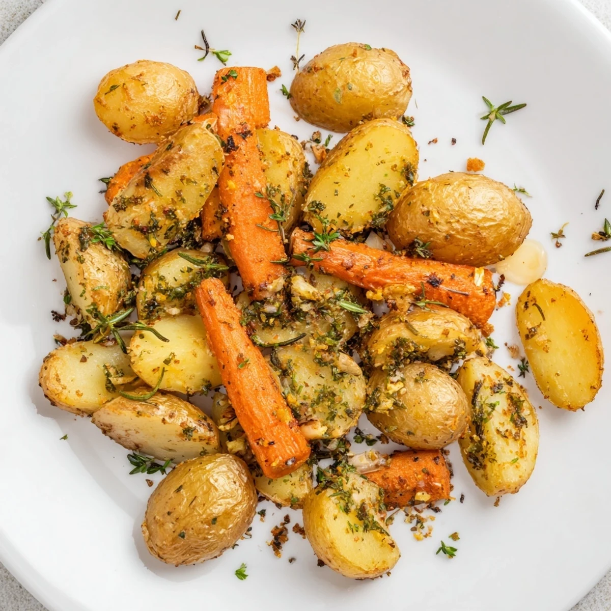 Warm, inviting image of Herb Roasted Potatoes and Carrots, a simple and delicious side dish.