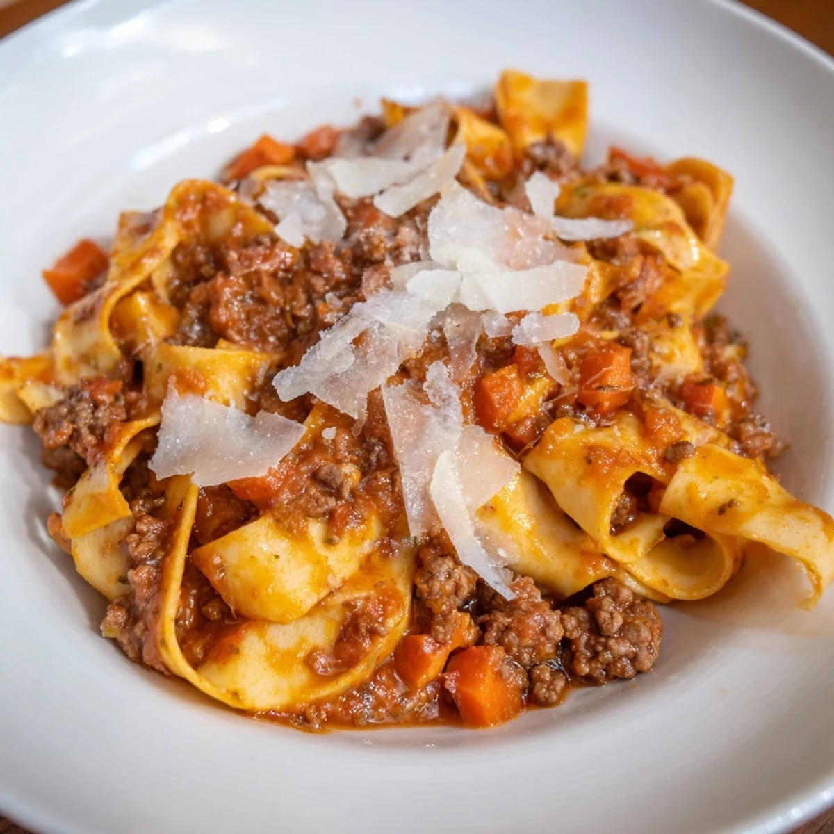 Close-up of a steaming bowl of Beef Bolognese, showing the rich, red sauce and pasta.