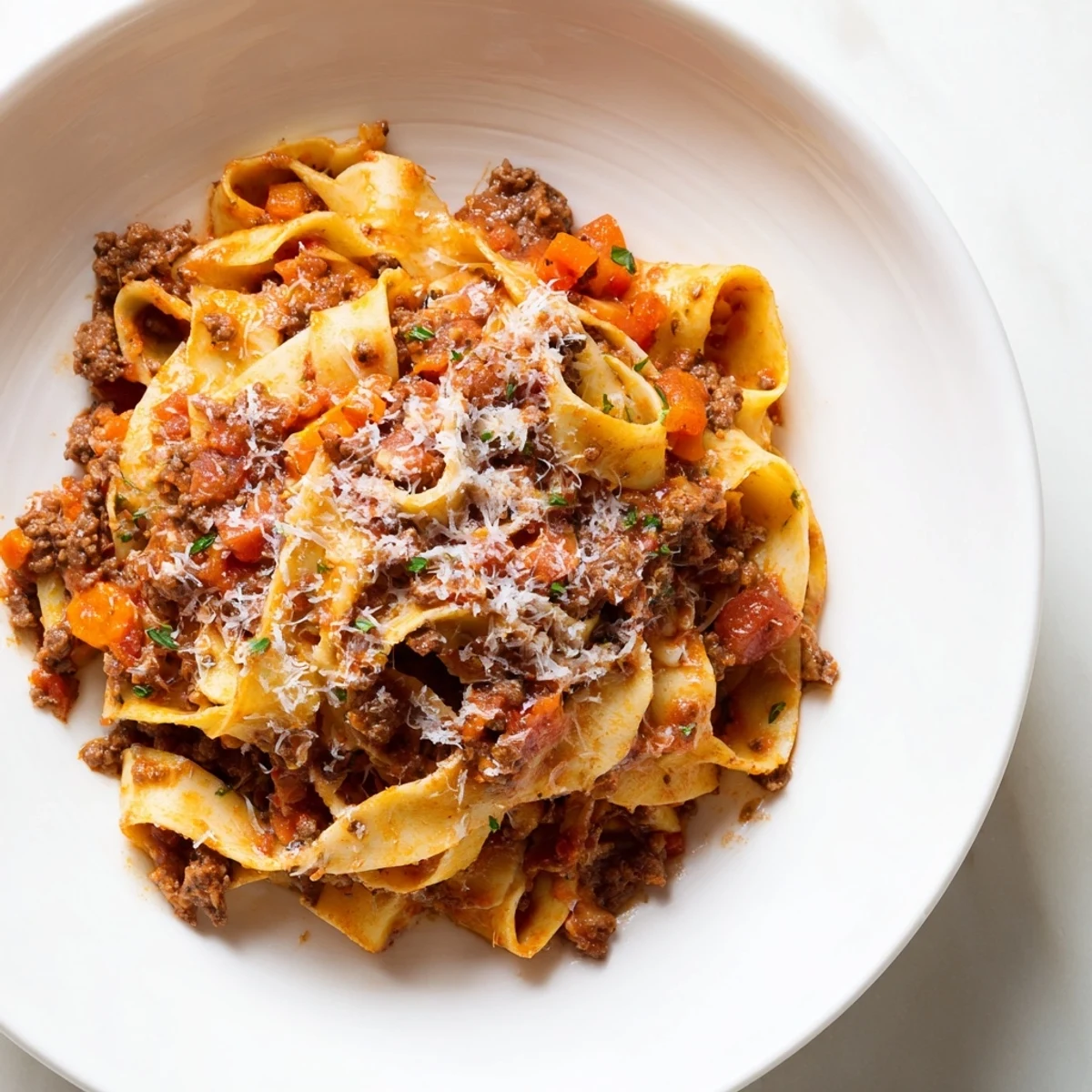 Fork twirling tagliatelle pasta coated in flavorful Beef Bolognese, a comforting Italian meal.