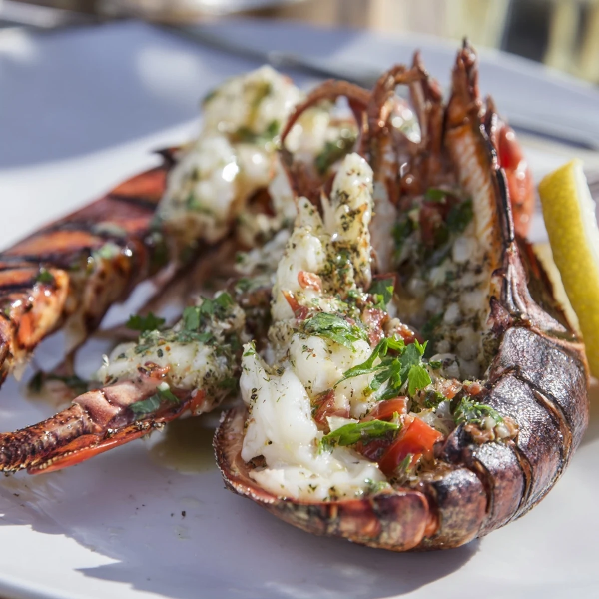 Savory garlic butter lobster tails, glistening with melted butter, ready for a special meal.
