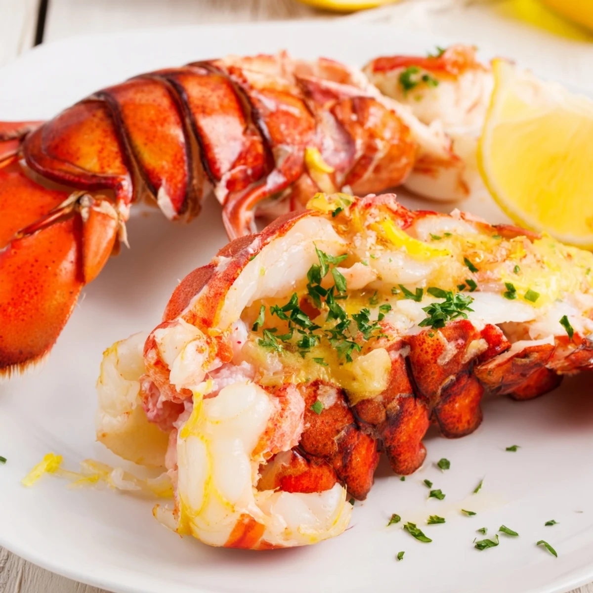 Golden-brown garlic butter lobster tails, served with fresh parsley and lemon wedges, a seafood delight.