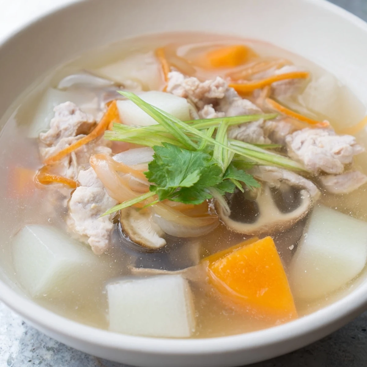 Delicious and healthy winter melon soup, garnished with fresh spring onions, ready to serve.