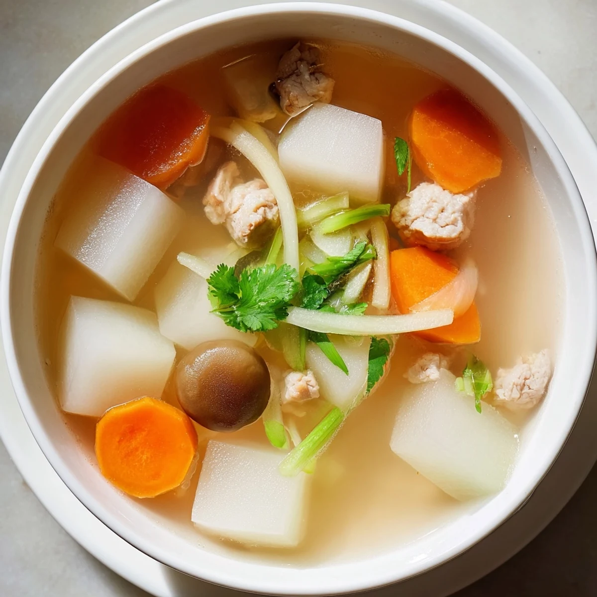 A warm bowl of winter melon soup, perfect for cold days, with carrots and shiitake mushrooms.