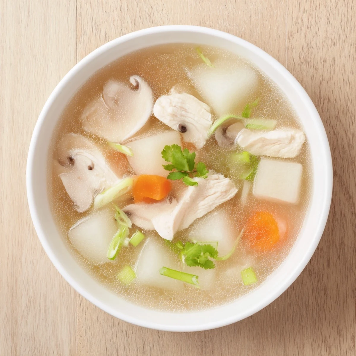 Tender winter melon soup with visible carrots and mushrooms, perfect for a warming lunch.