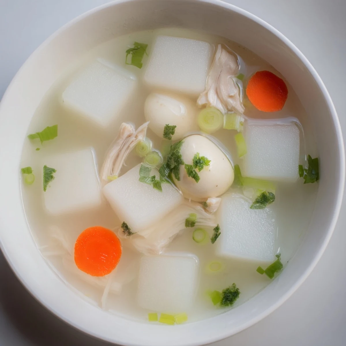 A steaming bowl of winter melon soup, garnished with vibrant green onions and fresh cilantro.