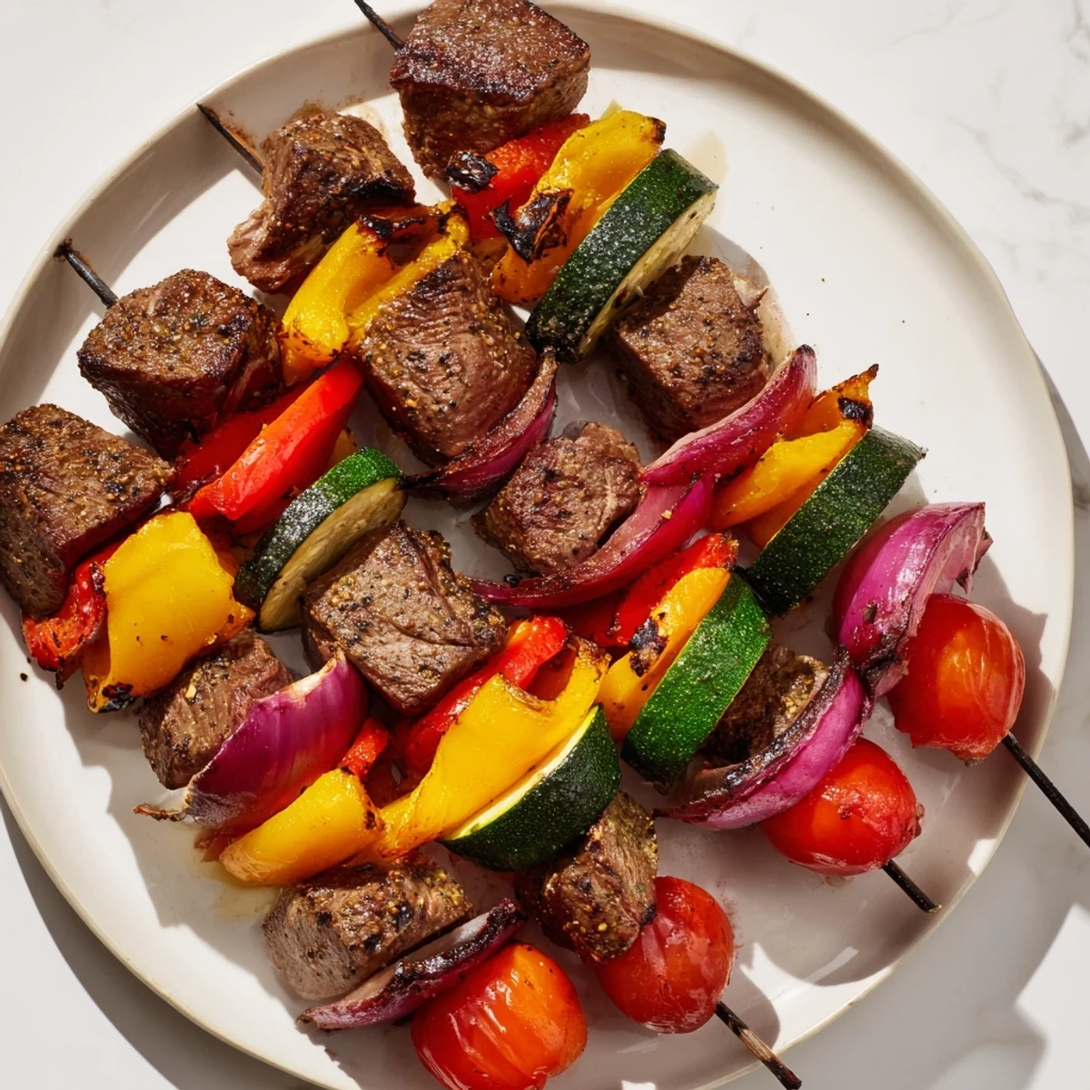 Close-up of freshly grilled Beef Kebabs, smoky char on vegetables and tender beef.