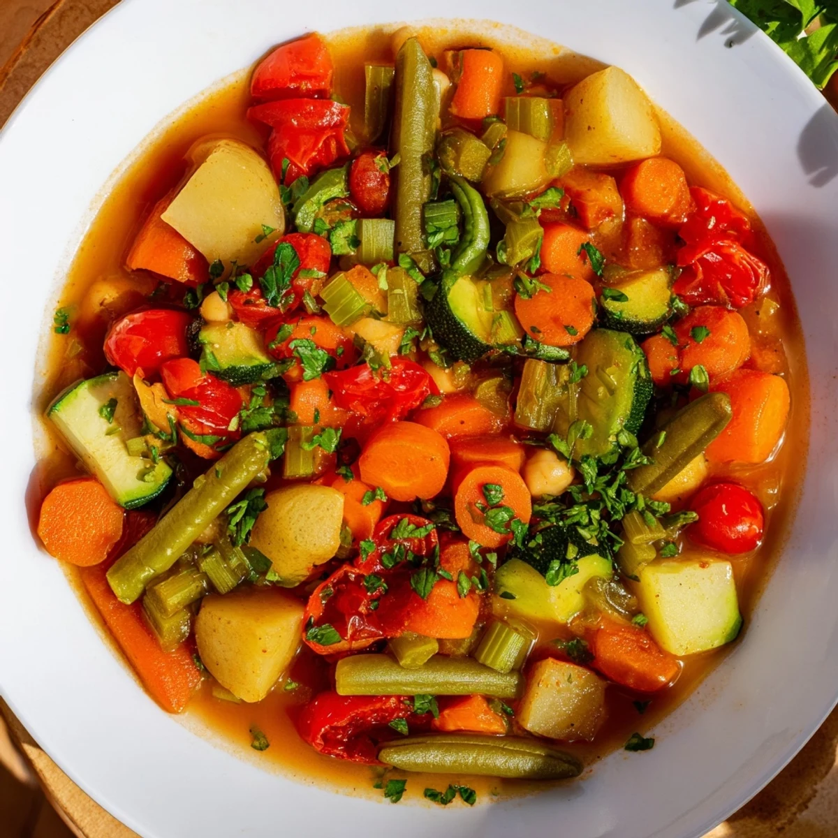 Herzhaftes Gemüse-Eintopf: Eine dampfende Schüssel voll vegetarischem Eintopf mit frischen Kräutern.
