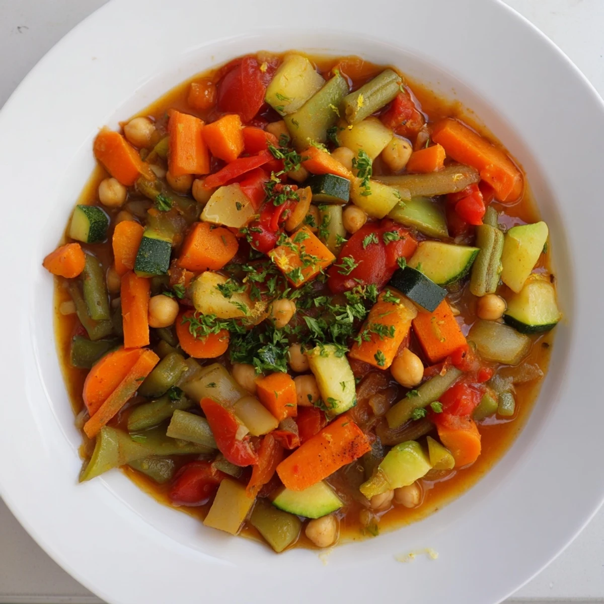 Der herzhafte Gemüse-Eintopf, serviert mit knusprigem Brot, verbreitet einen köstlichen Duft.