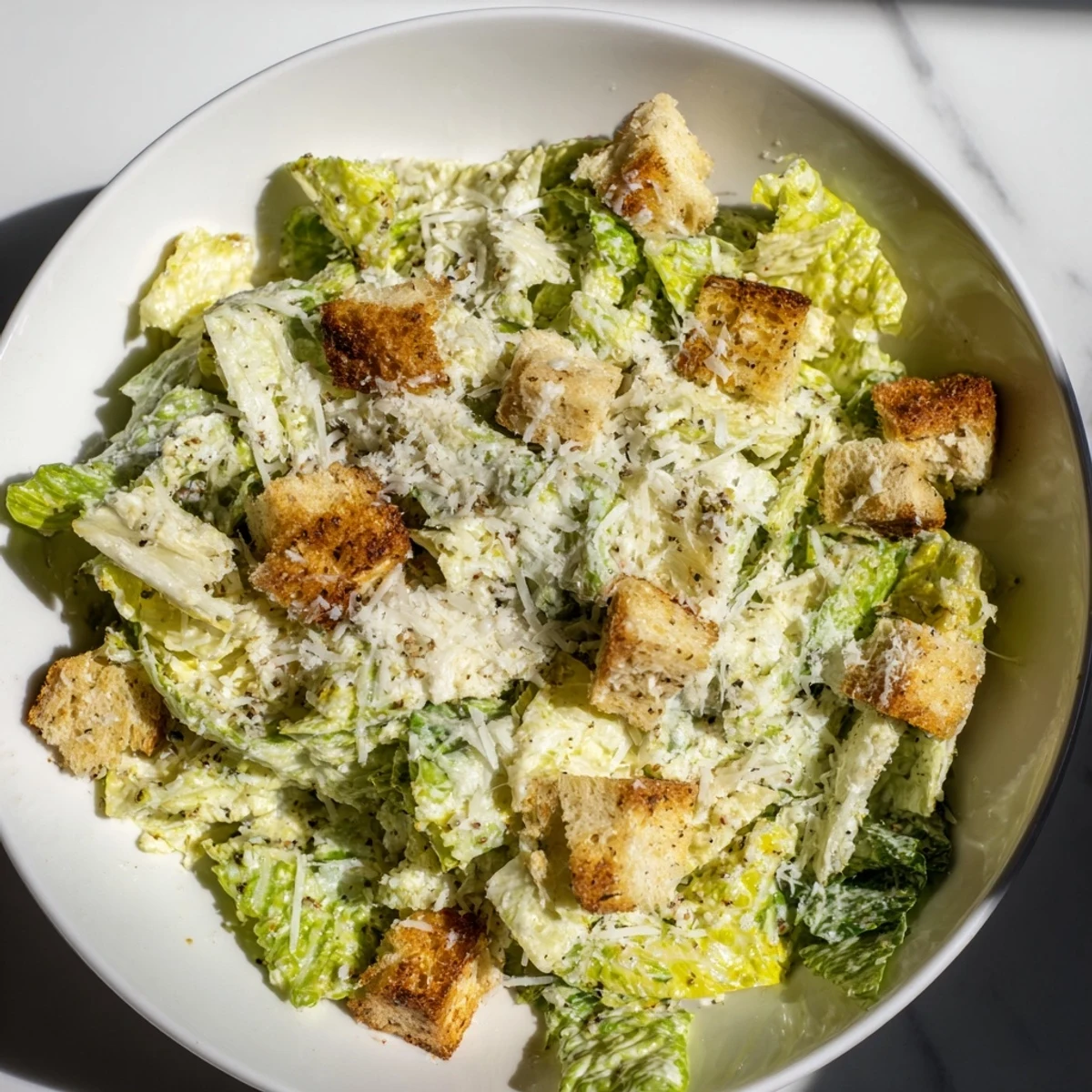 Crisp romaine lettuce, croutons, and creamy dressing make a delightful Caesar Salad.