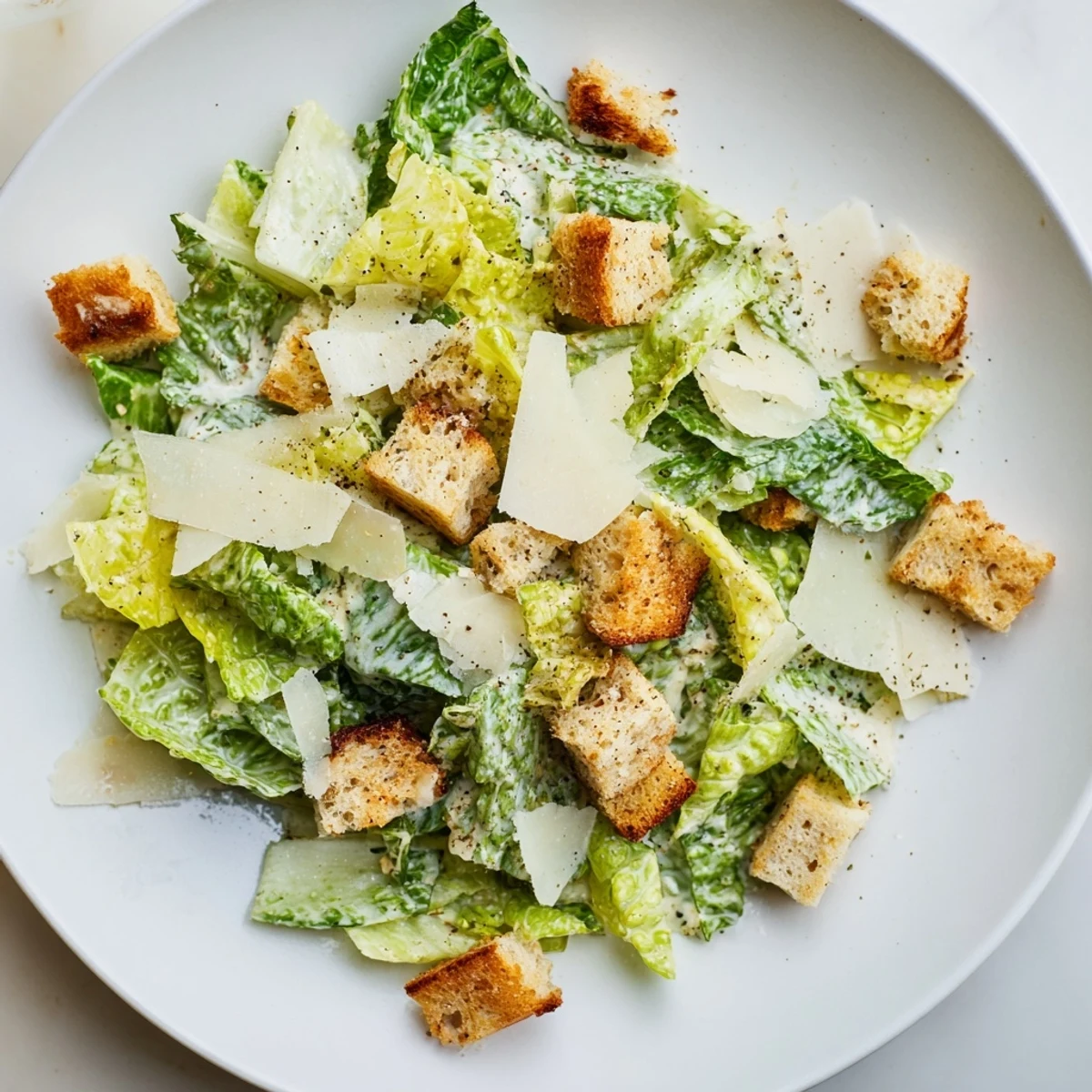 A close-up of a bowl with freshly tossed Creamy Caesar Salad, ready to enjoy.