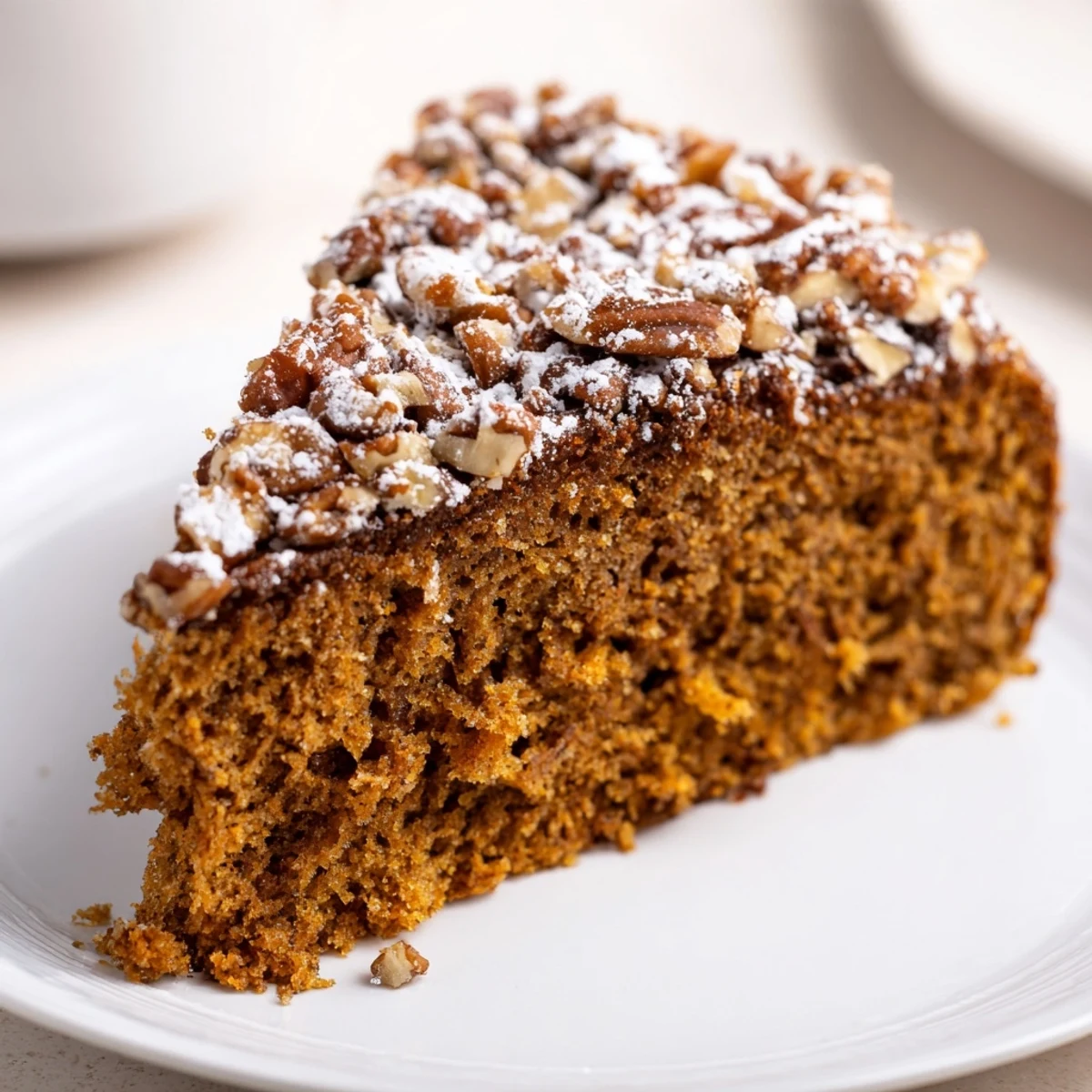 A slice of warm Spiced Rum-Free Cake, beautifully topped and ready to enjoy.
