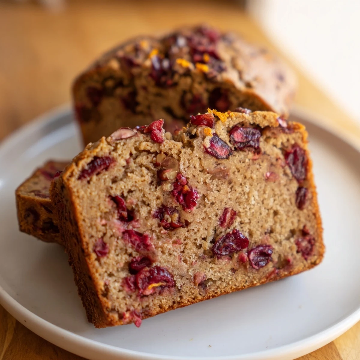 Moist cranberry pecan bread loaf, studded with red cranberries and toasted pecans, ready to slice.