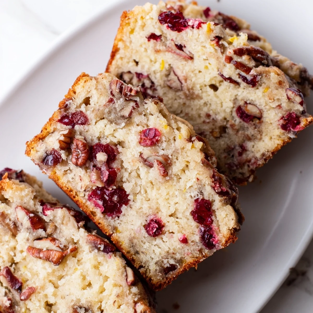 Warm, homemade cranberry pecan bread with a golden crust, perfect for a cozy breakfast treat.