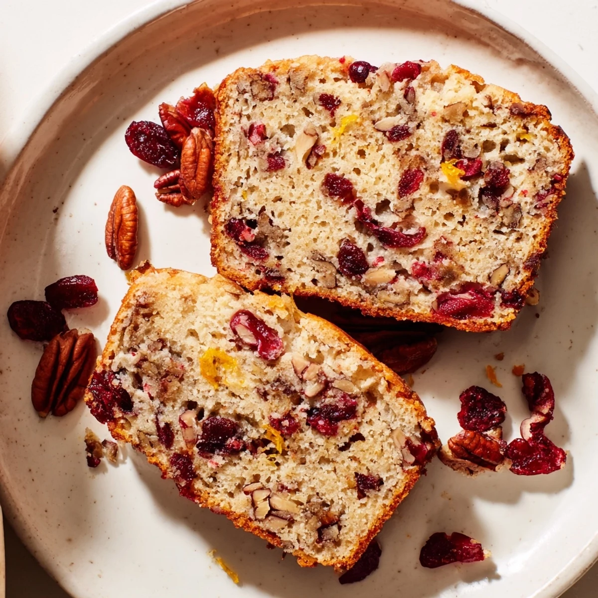 Close-up of a rustic cranberry pecan bread slice, showing the texture and fresh ingredients.