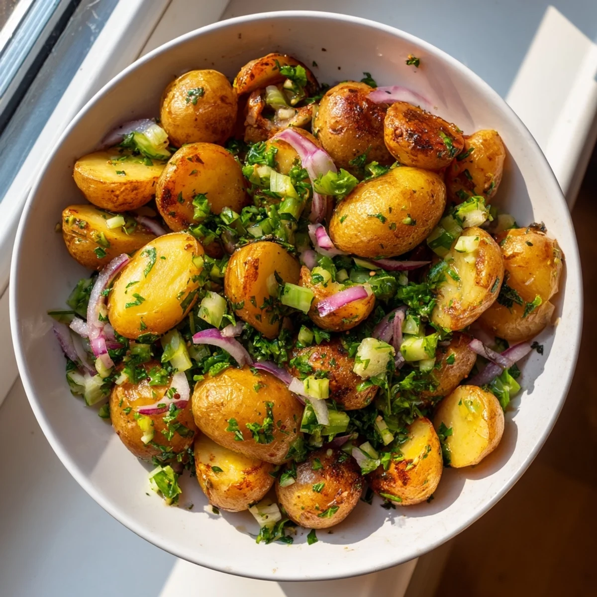 Close-up of a colorful Roasted Potato Salad, showcasing crispy potatoes, red onion, and fresh parsley.