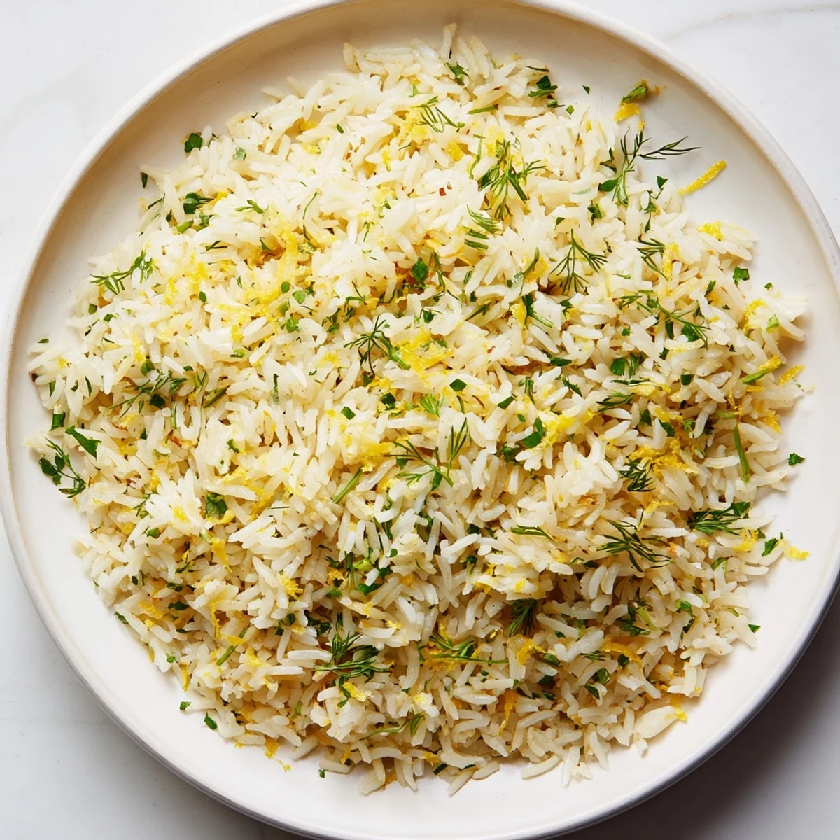 Fluffy lemon herb rice, a vibrant side dish, garnished with fresh parsley and lemon zest.