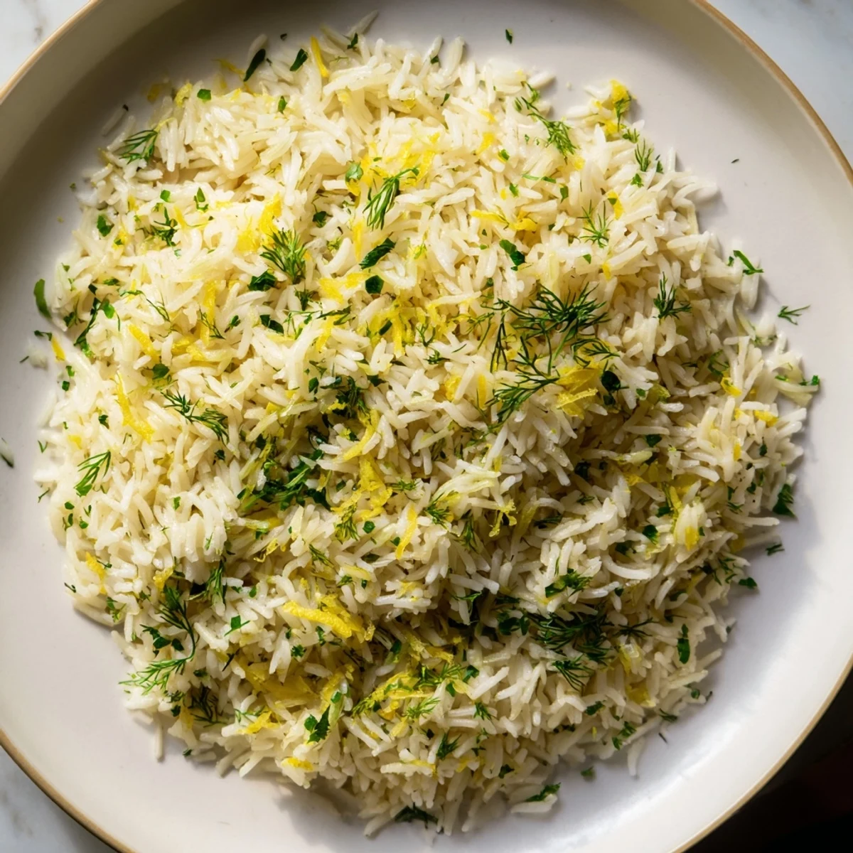Steaming bowl of lemon herb rice, infused with bright lemon flavors, ready to serve with grilled chicken.