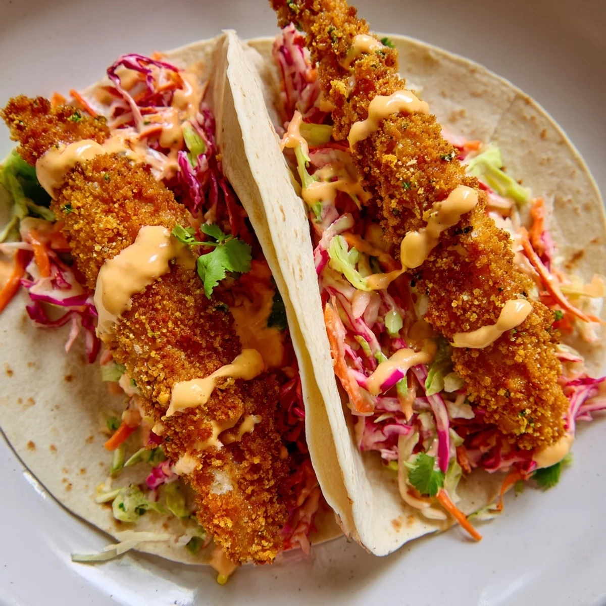 Golden, flaky baked fish tacos, piled high with fresh slaw and creamy drizzle, ready to eat.