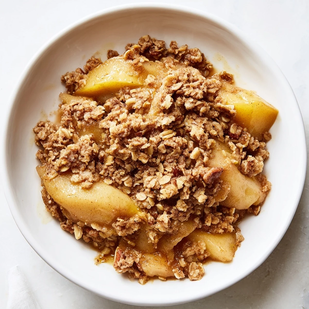 This warm Spiced Pear Crisp showcases soft pears under a sweet, cinnamon-laced oat crumble.