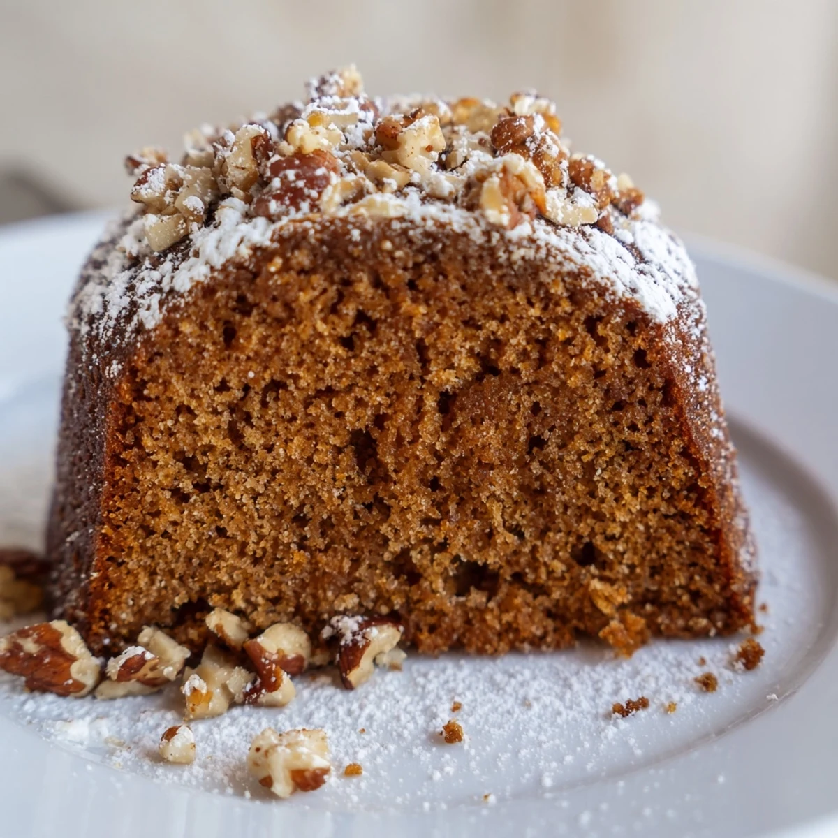 A slice of warm Spiced Rum-Free Cake, dusted with powdered sugar, ready to enjoy.