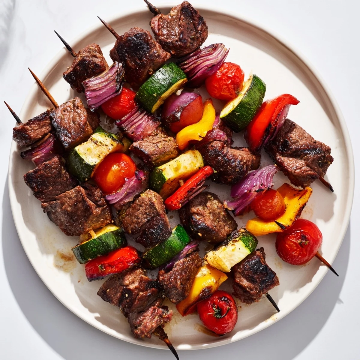 Grilled Beef Kebabs with Vegetables featuring tender beef and vibrant, charred bell peppers and onions.