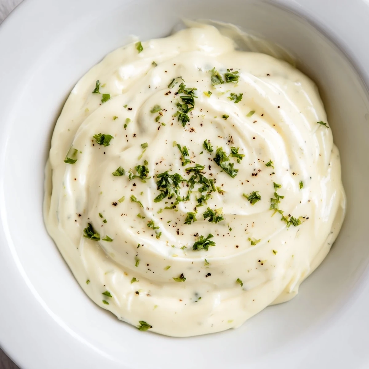Ein leuchtendes Foto von Garlic Aioli Dip, garniert mit frischer Petersilie und Zitrone.