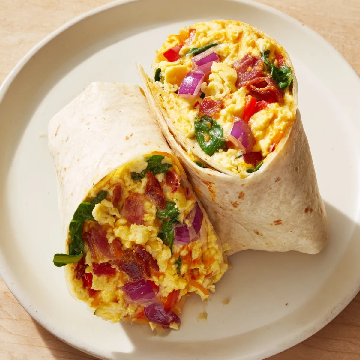 A warm, flavorful Savory Breakfast Burrito, filled with eggs, bacon and melty cheese, ready to eat.