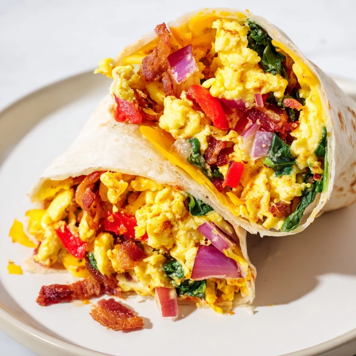 Golden-brown Savory Breakfast Burrito, perfectly wrapped and packed with scrambled eggs and veggies.