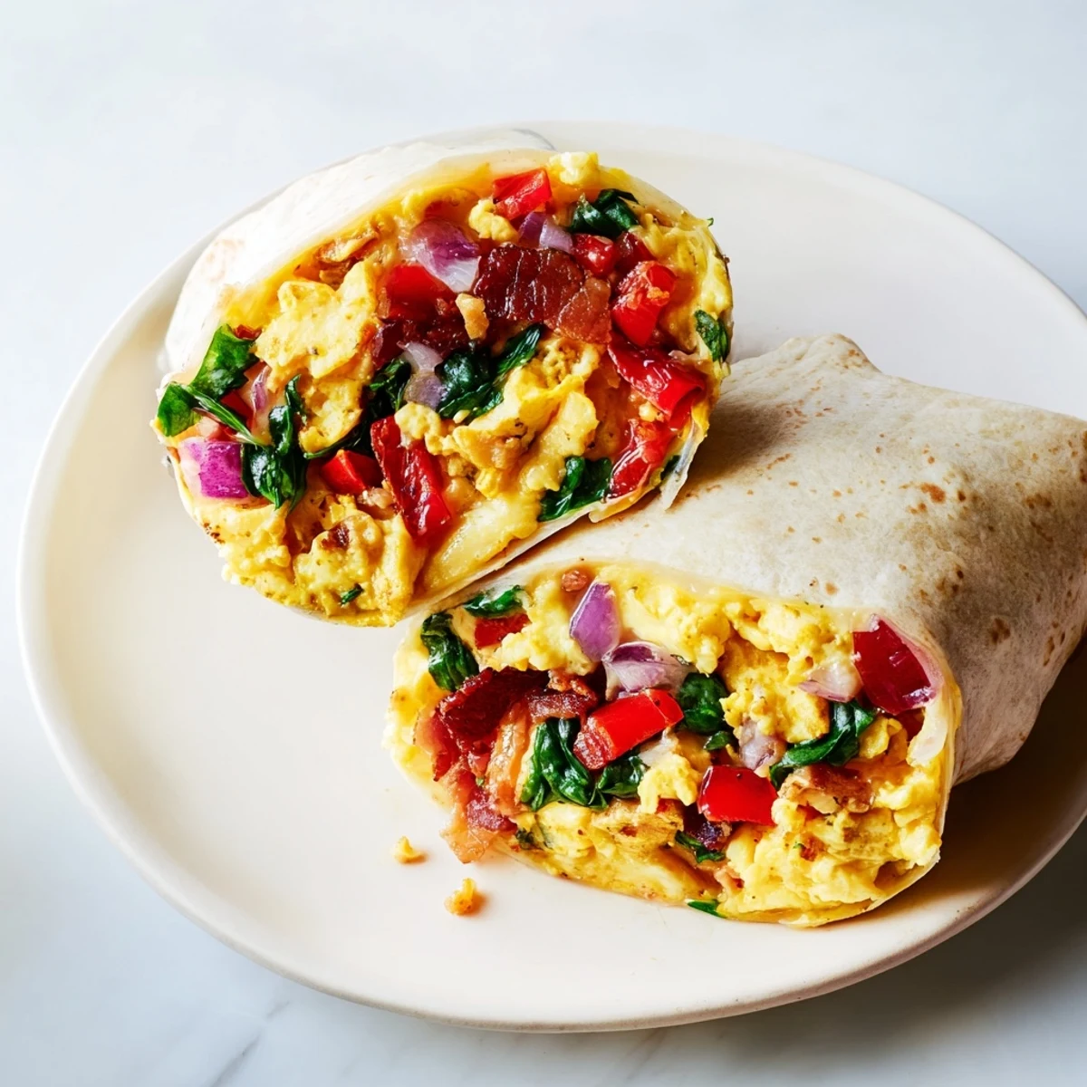 Freshly made Savory Breakfast Burrito, delicious with crispy bacon, salsa, and creamy avocado inside.