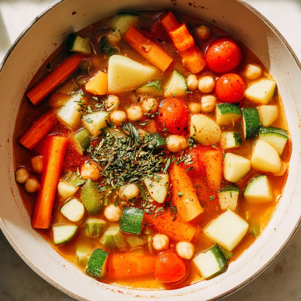 A steaming bowl of savory vegetable stew, featuring tender vegetables and vibrant colors.