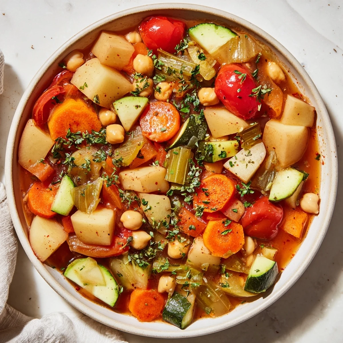 Chunks of potatoes and carrots in a delicious savory vegetable stew, ready to enjoy.