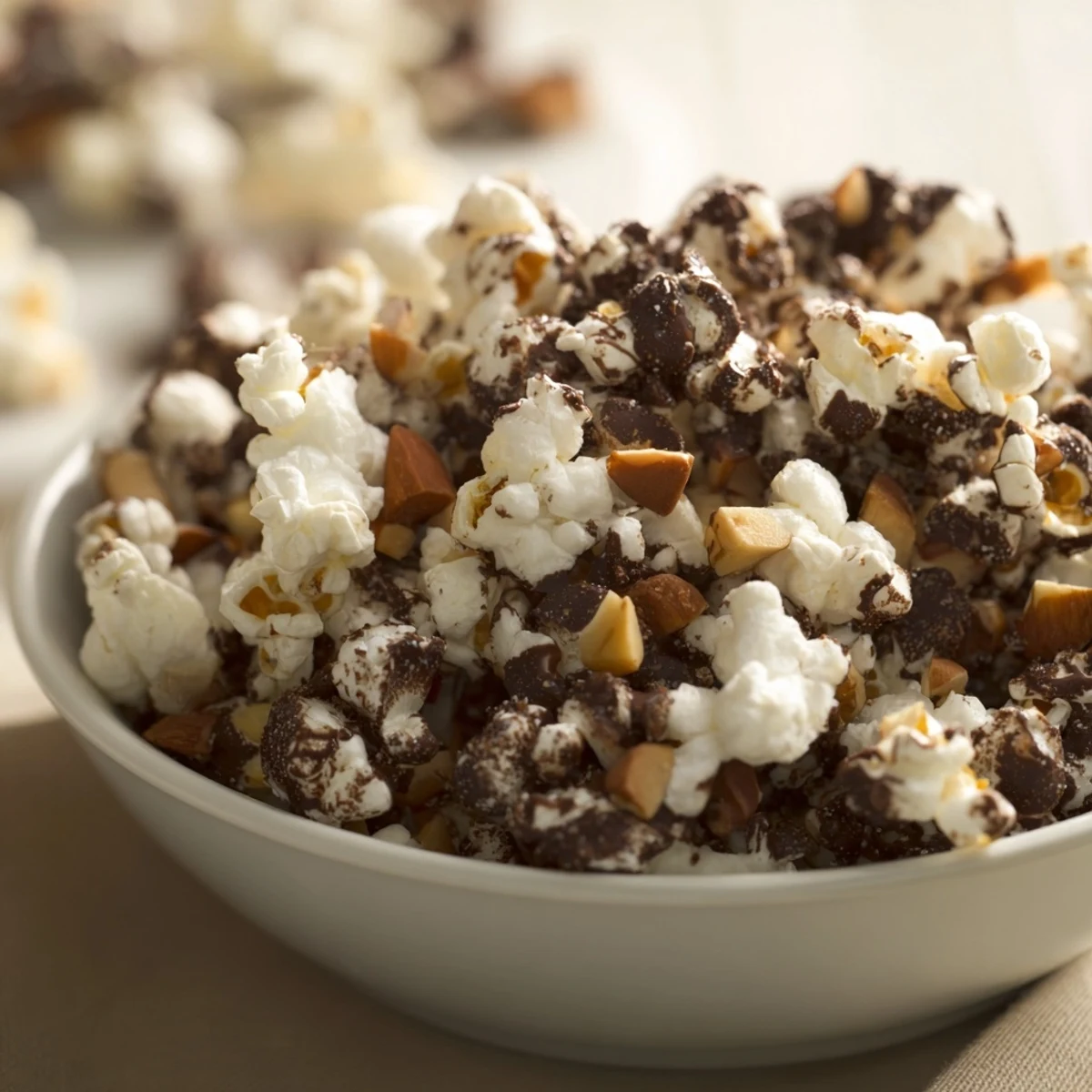 Rich melted chocolate lightly coats this tasty chocolate drizzle popcorn with a sprinkle of sea salt.