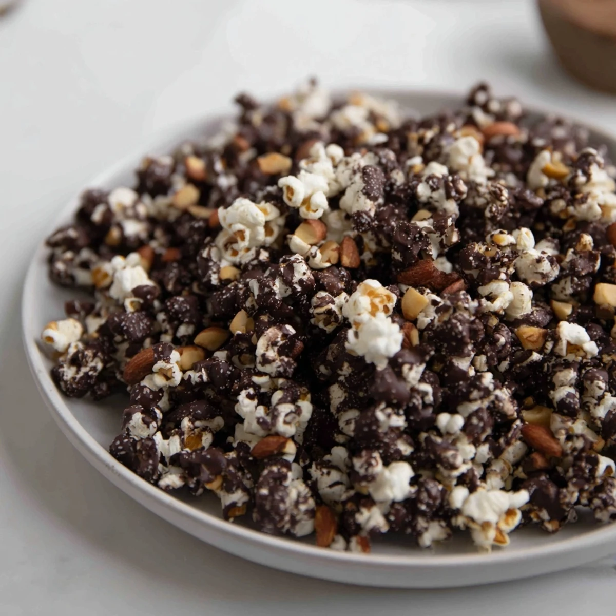 Mmm, a close-up of this chocolate drizzle popcorn shows a sweet and salty snack, ready to eat!