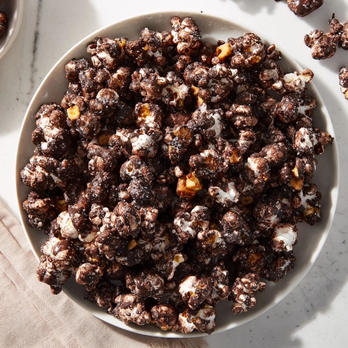Golden, buttery chocolate drizzle popcorn coated with melting chocolate: a delicious snack for everyone.