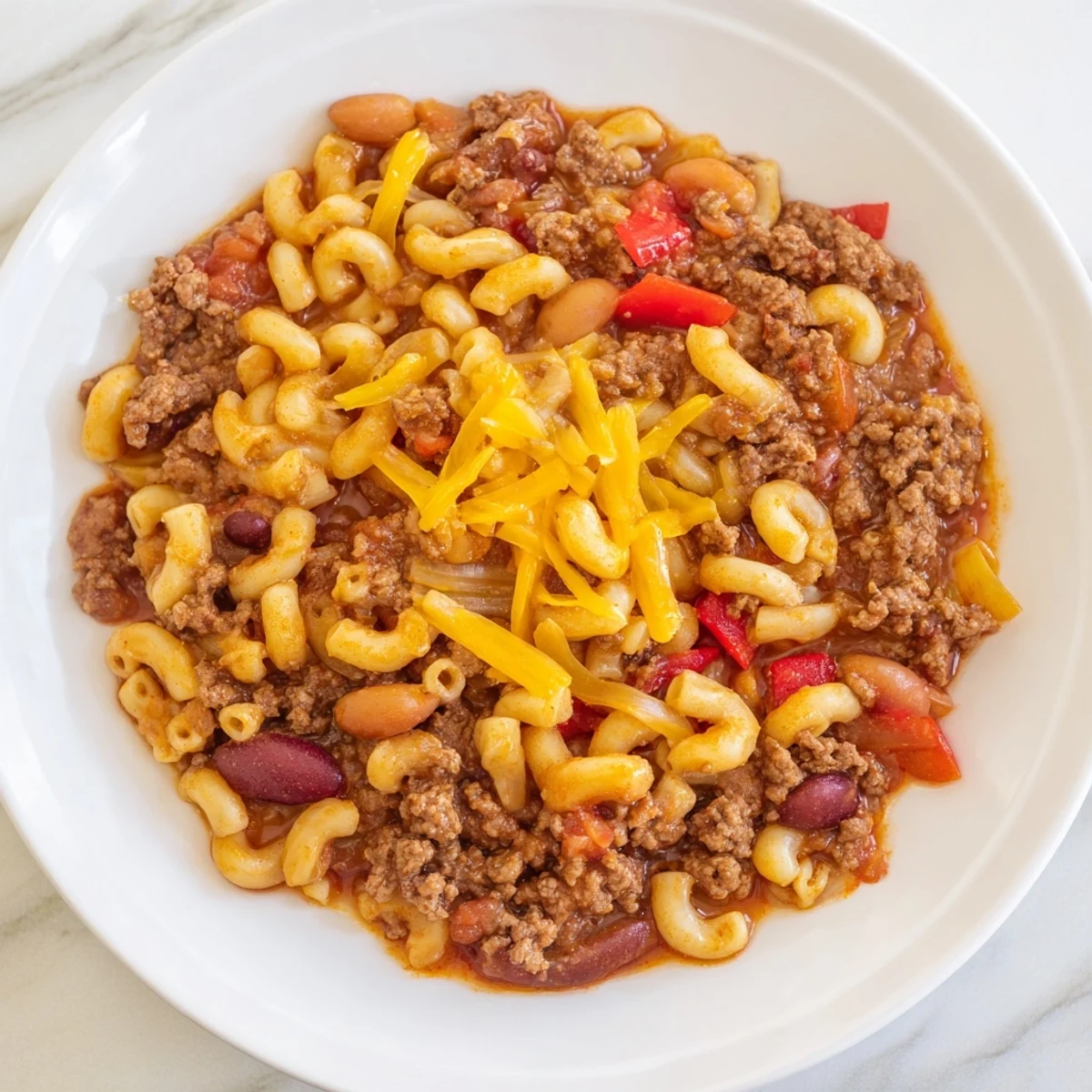 A steaming bowl of Beef Chili Mac, topped with melted cheddar cheese for a rich dinner.