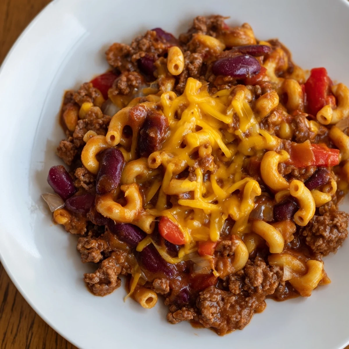 Close-up of a bubbling Beef Chili Mac, perfect for a comforting and easy family meal.