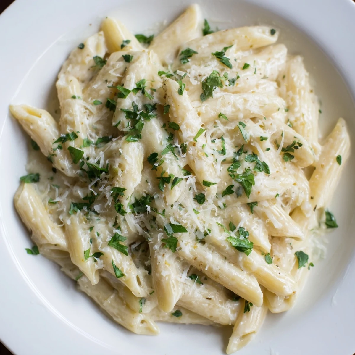 Golden Creamy Pasta, plated and ready to eat, with fresh parsley and extra Parmesan sprinkles.