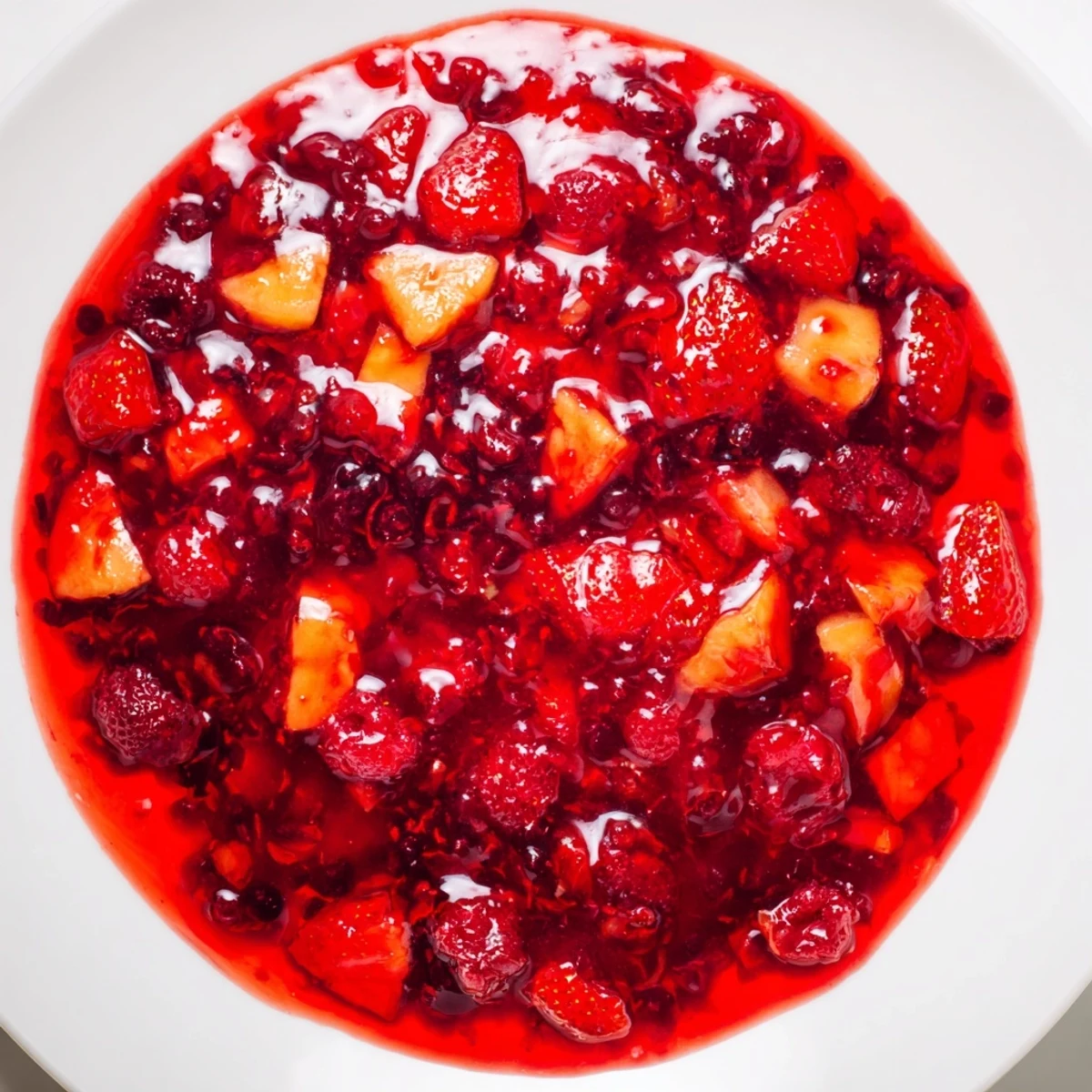 Sweet, glistening, homemade fruit jam, ready to be ladled into sterilized jars.