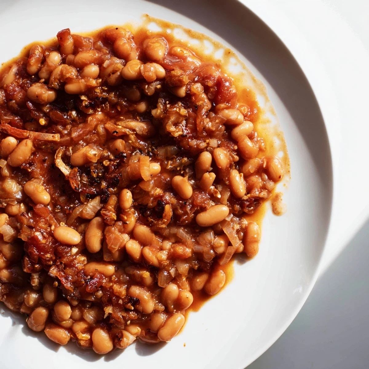 Warm bowl of Baked Beans, simmering in a rich tomato sauce, ready for serving.