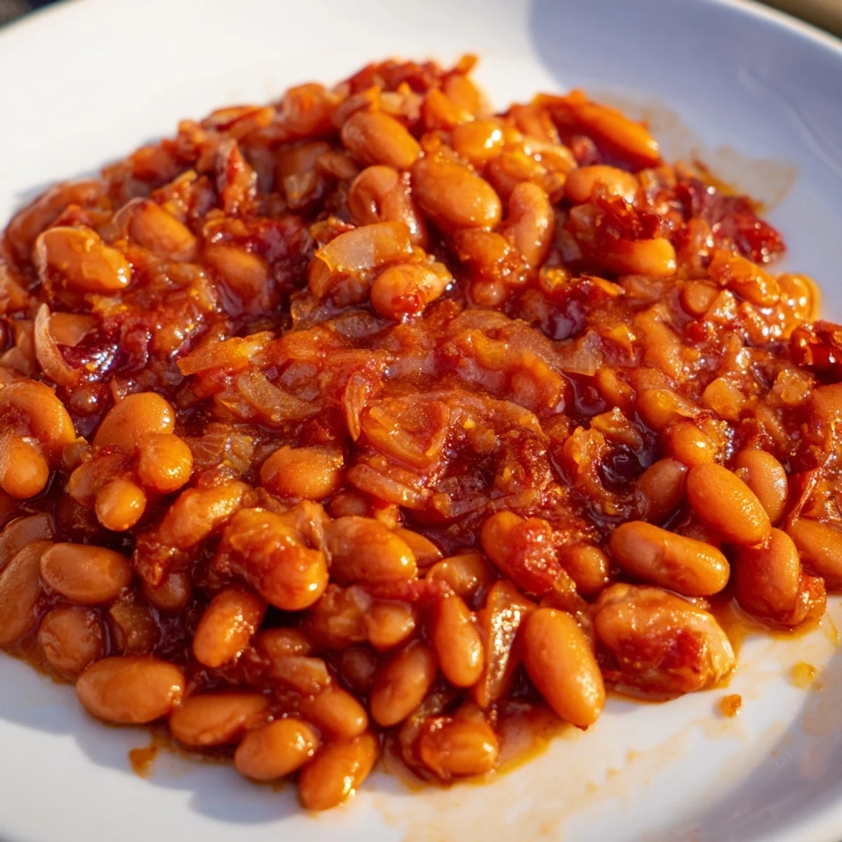 Close-up of freshly-baked Baked Beans: a comforting, vegetarian side dish to enjoy.
